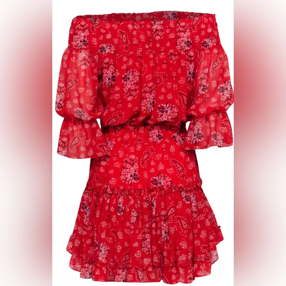 MISA Los Angeles - Off Shoulder Red Print Smocked Waist Mini Dress Small - Picture 3 of 4